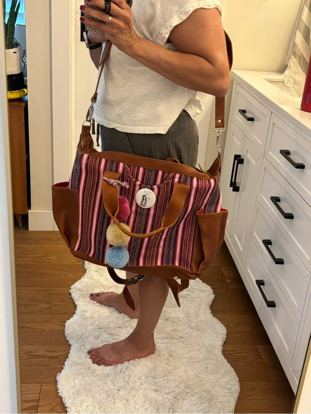 Nena & Co. Pink Striped Canvas Tote with Pom Pom Charm